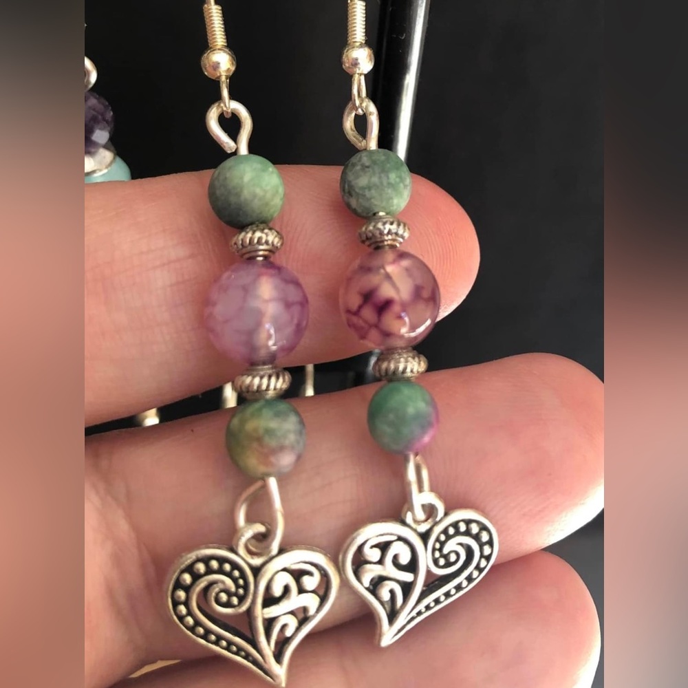 Handmade Artisan gorgeous hanging beaded earrings with silver hearts OOAK.
